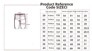 Detailed size chart for men's cargo shorts showing waist hip and length measurements