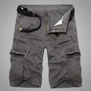 Men's loose dark gray cargo shorts with side pockets and a black woven belt