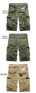 Detailed front and back views of cargo shorts with utility pockets and woven belt