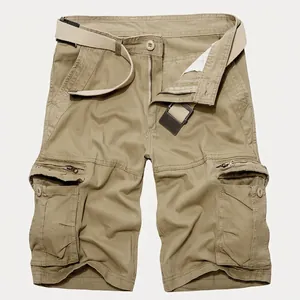 Men's khaki cargo shorts with multi-pocket design and matching canvas belt in classic fit