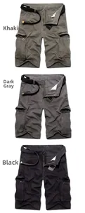 Detailed view of cargo shorts in army green, dark grey, and black with woven belts