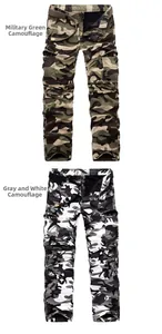 Detail of army green and grey camouflage cargo pants with utility pockets and belts