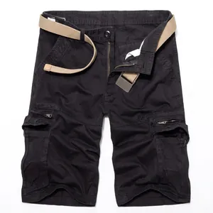 Men's loose black cargo shorts with multi-pockets and a fabric belt on white background