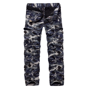 Men's camouflage cargo pants with fleece lining and adjustable black belt in blue camo