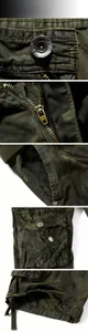 Détails du short cargo avec fermeture éclair en métal, poches et tissu coton camouflage