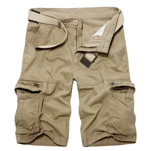 Classic khaki cargo shorts with multiple pockets and matching belt on white background