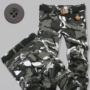 Mens thick camouflage cargo pants with fleece lining and black woven belt for winter warmth