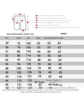 Detailed size chart for men's cargo shorts with measurements for waist and leg openings