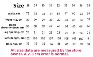 Detailed size chart for men's camouflage cargo pants showing waist and length measurements
