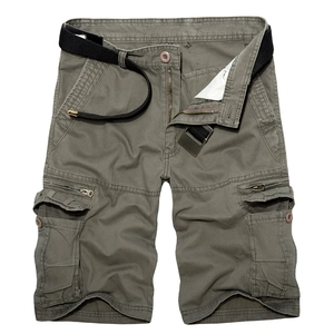 Men's loose fit military green cargo shorts with multiple pockets and black woven belt