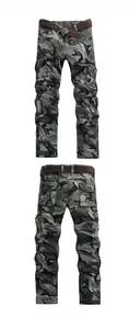 Front and back view of men's camouflage cargo pants with multi-pockets and a woven belt