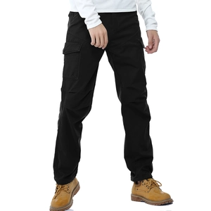 Detail view of men's black fleece cargo pants showing durable pockets and seam work