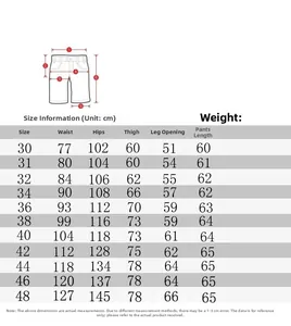 Detailed size chart for men cargo shorts including waist and hip measurements in cm