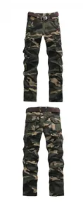 Front and back view of men's camouflage cargo pants with multi-pockets and a belt