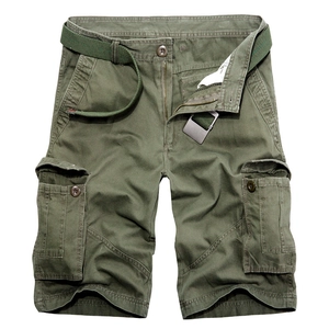 Army green cargo shorts for men with multi-pocket design and matching woven belt
