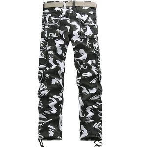 Men's loose camouflage cargo pants with multi-pockets and grey woven belt in black and white