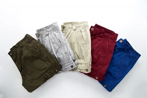 Detailed view of men's cargo shorts available in army green, grey, khaki, burgundy and blue