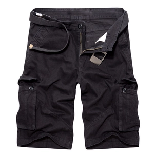 Men's black cargo shorts with multi-pockets, cotton fabric and woven belt included