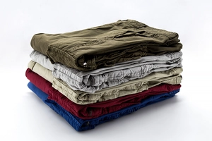 Detailed pile of five-color cargo shorts in cotton with multiple utility pockets