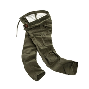 Men's loose fit cargo pants in olive green with tactical side pockets and canvas belt
