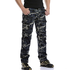 Detailed side view of camouflage cargo pants featuring large functional flap pockets