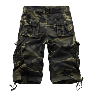 Men's camouflage cargo shorts with multi-pocket design and adjustable hem drawstrings
