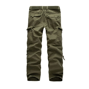 Men's plus size army green cargo pants with canvas belt shown from the back view