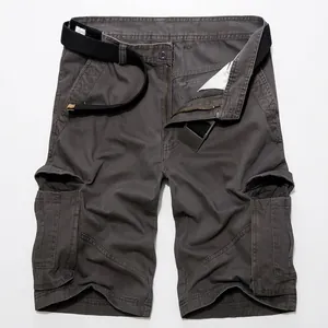 Dark grey men's multi-pocket cargo shorts with a black woven belt on white background