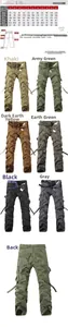 Size guide for multi-pocket cargo pants with waist, hip, and length measurements