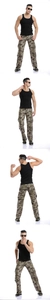 Multiple views of men's camouflage cargo pants with utility pockets and straight cut