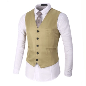 Close-up of khaki V-neck business vest with five buttons and decorative pockets