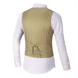 Detail view of the adjustable metal buckle strap on the back of a khaki business suit vest