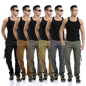 Men's multi-pocket cargo pants in six colors showing relaxed fit and tactical style