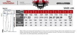 Detailed size chart for men's cargo pants showing waist, length, and hip measurements
