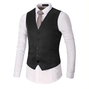 Detail of V-neck business vest with five-button closure, white shirt, and patterned tie