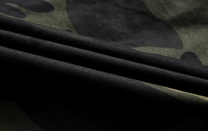 Close-up of durable camo twill fabric showing classic military pattern and heavy texture