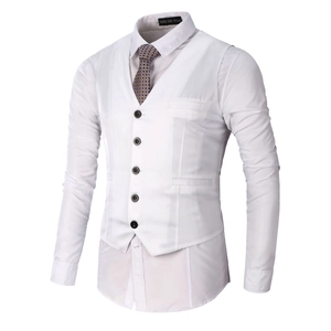 Detailed view of men's white slim fit V-neck vest with white shirt and plaid tie ensemble