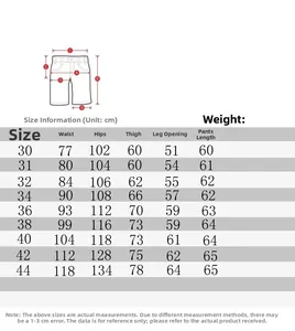 Detailed size chart for men's cargo shorts showing waist, hip, and length measurements