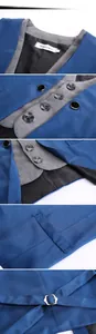 Detail view of royal blue faux two-piece suit vest showing inner check fabric and label