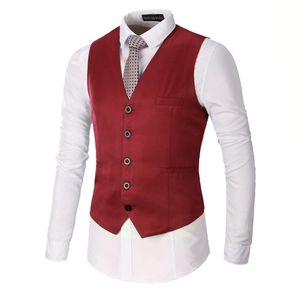 Detail view of burgundy V-neck vest with five buttons and professional slim fit tailoring