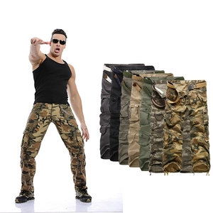 Men's camouflage multi-pocket cargo pants with belt, durable twill cotton in various colors