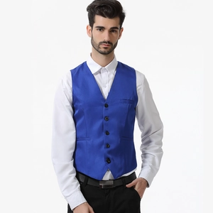 Close-up of royal blue men's suit vest featuring V-neck design and five buttons