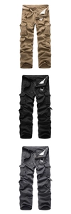 Detailed view of men's cargo pants in khaki, black, and grey with woven belts and side pockets