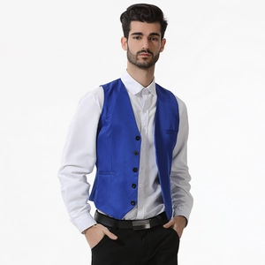 Men's slim fit V-neck suit vest in royal blue with five-button closure for formal events