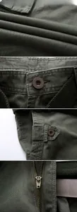 Detailed views of army green cargo pants featuring reinforced stitching and heavy-duty zippers