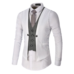 Men's slim fit business suit vest set with grey checkered pattern and white shirt