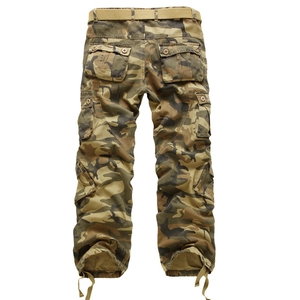 Men's camouflage cargo pants with multiple utility pockets and adjustable drawstring cuffs