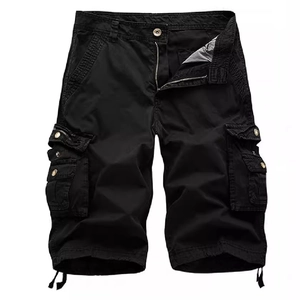 Men's loose black cargo shorts with multi-pockets and drawstring hem for casual summer wear
