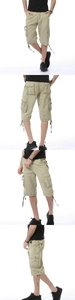 Detailed four-way view of men's khaki cargo shorts featuring multiple utility pockets