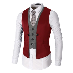 Men's slim fit 2-in-1 vest in wine red with grey plaid detail and matching tie